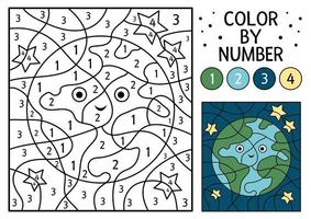 Vector space color by number activity with Earth planet. Astronomy coloring and counting game with cute stars. Funny cosmos coloration page for kids.