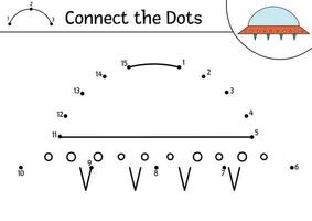 Vector space dot-to-dot and color activity with cute spaceship. Astronomy connect the dots game for children. Funny math coloring page for kids with kawaii UFO