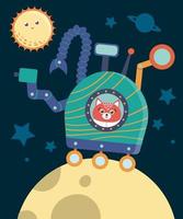 Vector funny astronaut fox in space in rover exploring moon. Cute galaxy scene with planets, stars, cosmonaut. Cosmos illustration for children