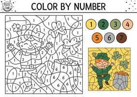 Vector Saint Patrick color by number activity with boy, shamrock leaves, pot with gold. Spring holiday coloring and counting game with cute kid. Funny Irish holiday coloration page for kids.