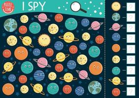 Space I spy game for kids. Searching and counting Astronomy activity for preschool children with planets, stars. Funny printable worksheet with Solar system. Simple seek and find puzzle vector