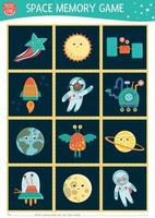tarjetas de juego de memoria espacial con planetas, alienígenas, cohetes. actividad de astronomía coincidente con astronauta, estrella, tierra. recordar y encontrar la tarjeta correcta. hoja de trabajo imprimible simple para niños. vector