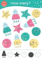 Space counting game with UFO, planets, stars. Math activity for preschool children. How many objects worksheet. Educational astronomy shape recognition riddle with cute funny pictures. vector