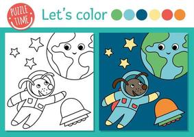 Space coloring page for children. Cute funny astronaut dog with earth, stars, UFO. Vector Astronomy outline illustration with solar system. Cosmos color book for kids with colored example
