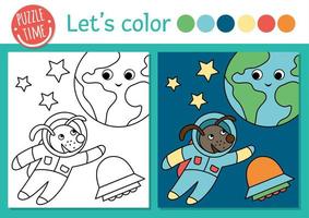 página para colorear del espacio para niños. lindo perro astronauta divertido con tierra, estrellas, ovni. ilustración de esquema de astronomía vectorial con sistema solar. libro de colores cosmos para niños con ejemplos de colores vector