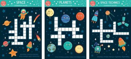 Vector space crossword set. Bright and colorful quiz for children. Puzzle activity with UFO, planets, star, astronaut, comet, rocket, asteroid, space technics. Astronomy printable worksheets
