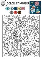 Vector space color by number activity with astronaut, planet, UFO. Astronomy coloring and counting game with cute cosmonaut, stars. Funny cosmos coloration page for kids.