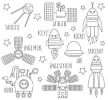 Vector black and white space technics set for children. Outline illustration of spaceship, rocket, satellite, space station, rover. Astronomy kawaii coloring page for kids