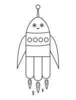 Vector black and white rocket illustration for children. Outline smiling spaceship icon isolated on white background. Space exploration coloring page for kids