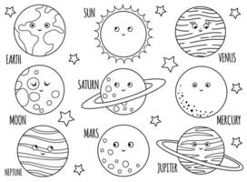 Vector black and white planets set for children. Outline illustration of smiling Earth, Sun, Moon, Venus, Mars, Jupiter, Mercury, Saturn, Neptune. Space coloring page for kids.