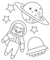 Vector black and white funny astronaut fox in space with planet, stars, UFO. Cute cosmic illustration for children. Astronomy coloring page with kawaii spaceman