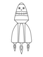 Vector black and white rocket illustration for children. Outline smiling spaceship icon isolated on white background. Space exploration coloring page for kids