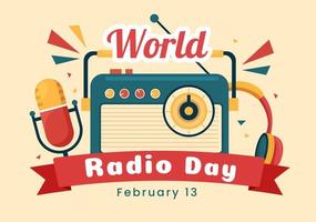 día mundial de la radio el 13 de febrero de idea para plantilla de página de destino, pancarta y póster en ilustración dibujada a mano de fondo de dibujos animados de estilo plano vector