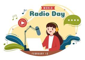 día mundial de la radio el 13 de febrero de idea para plantilla de página de destino, pancarta y póster en ilustración dibujada a mano de fondo de dibujos animados de estilo plano vector