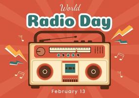 día mundial de la radio el 13 de febrero de idea para plantilla de página de destino, pancarta y póster en ilustración dibujada a mano de fondo de dibujos animados de estilo plano vector