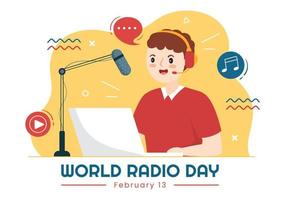 día mundial de la radio el 13 de febrero de idea para plantilla de página de destino, pancarta y póster en ilustración dibujada a mano de fondo de dibujos animados de estilo plano vector