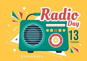 día mundial de la radio el 13 de febrero de idea para plantilla de página de destino, pancarta y póster en ilustración dibujada a mano de fondo de dibujos animados de estilo plano vector