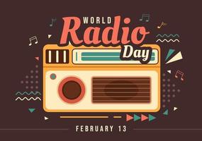 día mundial de la radio el 13 de febrero de idea para plantilla de página de destino, pancarta y póster en ilustración dibujada a mano de fondo de dibujos animados de estilo plano vector