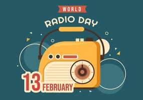 día mundial de la radio el 13 de febrero de idea para plantilla de página de destino, pancarta y póster en ilustración dibujada a mano de fondo de dibujos animados de estilo plano vector