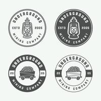 Set of retro mining or construction logo badges and labels in vintage style. Monochrome Graphic Art. Vector Illustration.