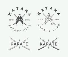 Set of vintage karate or martial arts logo, emblem, badge, label and design elements in retro style. Vector Illustration. Graphic Art.