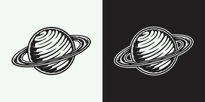 Vintage retro space galaxy planet. Can be used for logo, badge, label. mark, poster or print. Monochrome Graphic Art. Vector Illustration. Woodcut lincut old