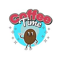 70s Retro Cute Cartoon Character Illustration. Coffee Time Slogan for Poster or T-Shirt Print Design. Vector