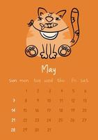 Vertical vector calendar for may 2023 with cartoon ginger cat. Funny hand drawn pet with a fish in mouth.  Week starts on Sunday. For size a4,a5,a3.