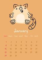 Vertical vector calendar for January 2023 with cartoon ginger cat. Funny hand drawn pet on brown background.  Week starts on Sunday. For size a4,a5,a3.