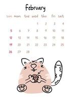 Vertical vector calendar for february 2023 with cartoon cat. Funny hand drawn pet holding a clew in paws.  Week starts on Sunday. For size a4,a5,a3.