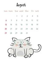 Vertical vector calendar for august 2023 with cartoon grey cat. Funny hand drawn pet wearing glasses.  Week starts on Sunday. For size a4,a5,a3.