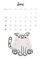 Vertical vector calendar for june 2023 with cartoon grey cat. Funny hand drawn pet with eyes closed.  Week starts on Sunday. For size a4,a5,a3.