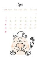 Vertical vector calendar for april 2023 with cartoon cat. Funny hand drawn pet wearing a cap with a pillow in paws.  Week starts on Sunday. For size a4,a5,a3.