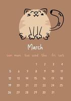 calendario vectorial vertical para marzo de 2023 con gato de dibujos animados. divertida mascota dibujada a mano sobre fondo marrón. semana comienza el domingo. para tamaño a4, a5, a3. vector