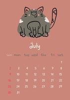 Vertical vector calendar for july 2023 with cartoon black cat. Funny hand drawn pet.  Week starts on Sunday. For size a4,a5,a3.