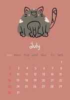 Vertical vector calendar for july 2023 with cartoon black cat. Funny hand drawn pet.  Week starts on Sunday. For size a4,a5,a3.