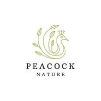 Peacock bird with leaf illustration line logo design template vector