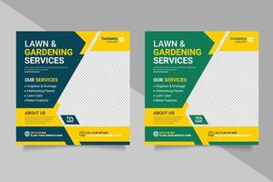 Lawn garden service social media post banner design template with green color vector