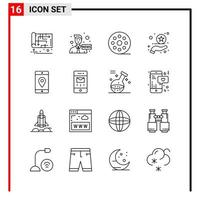 16 iconos generales para el diseño de sitios web impresos y aplicaciones móviles. 16 símbolos de contorno signos aislados sobre fondo blanco. paquete de 16 iconos. vector