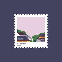 sellos postales landcsape con los países de bergen. viajar a bergen noruega. sello postal para usar el sobre de correo, el sello de la oficina de correos y el concepto de sello postal. ilustración vectorial con estilo plano. vector