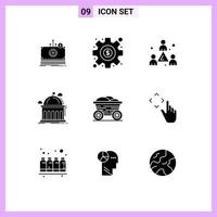 Set of 9 Vector Solid Glyphs on Grid for cart university headcount learning school Editable Vector Design Elements