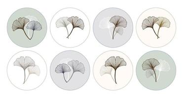 Set of round icons with ginkgo biloba leaves. Pastel colors, vector