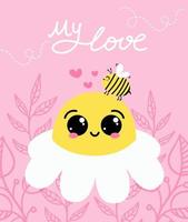 Chamomile flower with cute face and bee vector