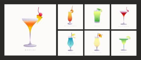 Collection of popular cocktails for the menu. Holidays club party summer cocktails mixed glasses. vector