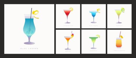 Collection of popular cocktails for the menu. Holidays club party summer cocktails mixed glasses. vector