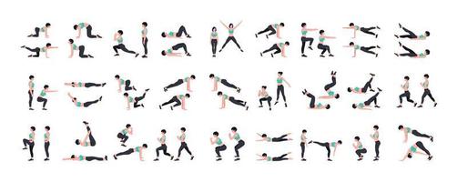 Women Workout Set. Women doing fitness and yoga exercises. Lunges, Pushups, Squats, Dumbbell rows, Burpees, Side planks, Situ ps, Glute bridge, Leg Raise, Russian Twist, Side Crunch .etc vector