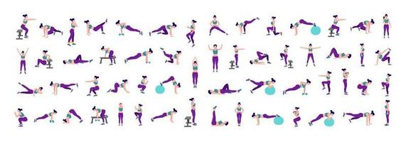 conjunto de entrenamiento para mujeres. mujeres haciendo ejercicios de fitness y yoga. estocadas, flexiones, sentadillas, filas con mancuernas, burpees, tablones laterales, situ ps, puente de glúteos, levantamiento de piernas, giro ruso, abdominales laterales, etc. vector