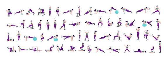 Women Workout Set. Women doing fitness and yoga exercises. Lunges, Pushups, Squats, Dumbbell rows, Burpees, Side planks, Situ ps, Glute bridge, Leg Raise, Russian Twist, Side Crunch .etc vector