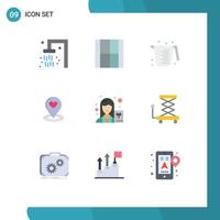 Pack of 9 creative Flat Colors of female pin baking location finder location Editable Vector Design Elements