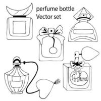 set of perfume bottles for women in the style of a sketch, hand-drawn, isolated on a white background. Vector illustration. Cosmetics, perfumes.